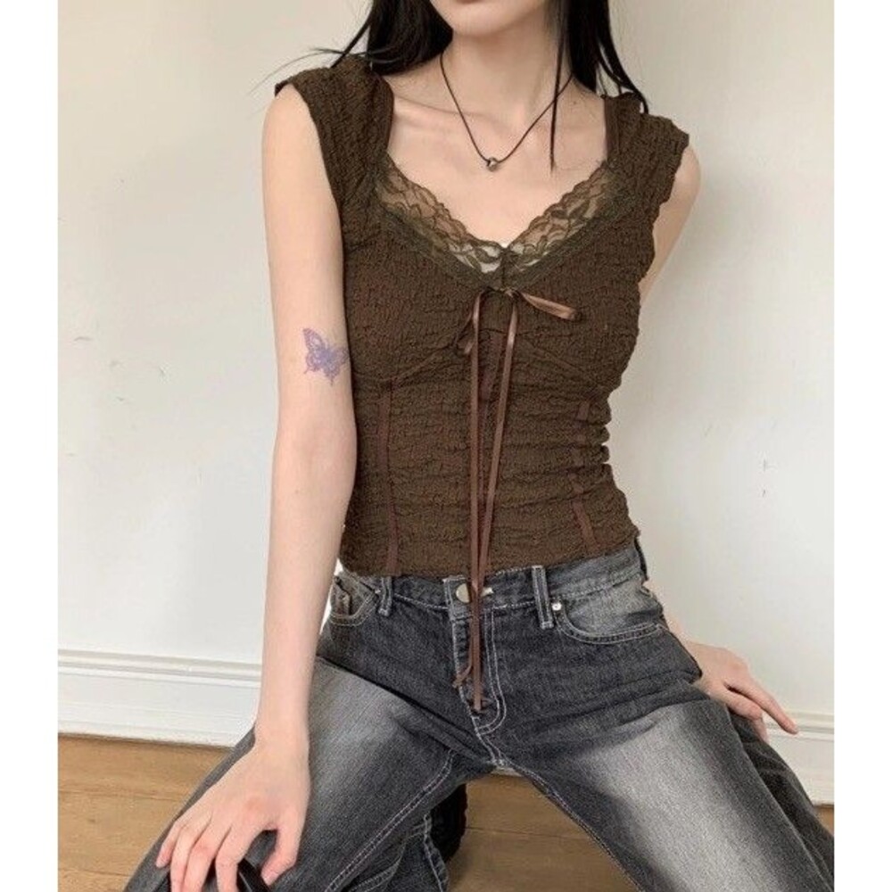 Brown y2k Lace Babydoll cap sleeve short sleeve top Sz Large Coquette